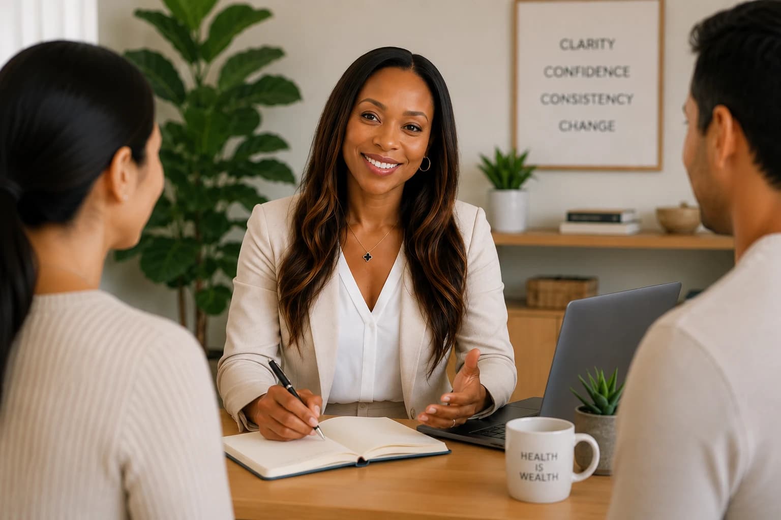 A coach discussing a wellness plan with two clients